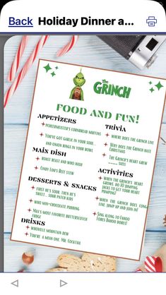 the grinch food and fun menu is displayed with candy canes, peppermints,