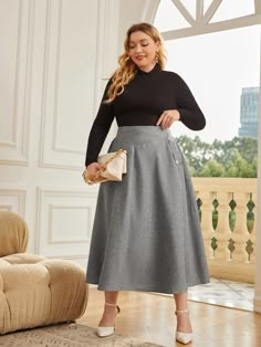 Grey Casual   Polyester Plain A Line Embellished Non-Stretch Spring/Summer/Fall Plus Size Bottoms Plus Size Women Skirts, Boss Lady Outfit Plus Size, Plus Size Posh Outfits, Plus Size Casual Office Wear, Elegant Casual Plus Size, Corporate Fashion Plus Size, Business Casual Skirt Outfits Plus Size, A Line Skirt Outfits Plus Size, Plus Size Slacks Outfit Classy