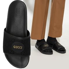 Designer: Gucci Choose From The Following Sizes: Marked As Size 6 / Converts To 6.5 Us, Marked As Size 14 / Converts To 14.5 Us (Conversion Per Designer) Condition: Authentic And Brand New Style Name / Number: 644754 H9h90 1000 Material: Leather And Eco Nylon Upper, Leather Covered Insoles, Rubber Sole Detail: 'Off The Grid' Slides Are Made In Italy From Regenerated Nylon And Feature Black Gg Jacquard Upper And Thick Rubber Sole. Color: Black, Please Note That Color Appearance May Vary Depending On Your Monitor Settings Measurements: Please Ask For Measurements Malvina's Luxe (Malvina's Luxuries) Is A Trusted Name In Designer Merchandise Since 2001, We Pride Ourselves On Offering White Slides Sandals, Brown Flip Flops, Mens Slides, Swim Shoes, Gg Logo, Flip Flop Shoes, Gucci Black, Off The Grid, Black Nylon