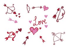 the word love is written in various shapes and sizes with arrows, hearts, and arrows