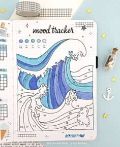 Ocean Theme Bullet Journal, Bujo Sea Theme, August Bujo Cover Page, Ocean Mood Tracker, Ocean Journal Ideas, Blue Bujo Theme, Bujo Ocean Theme, Ocean Bullet Journal, Bullet Journal Month