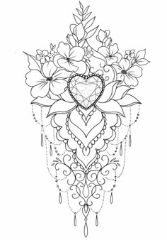 a black and white drawing of flowers in the shape of a heart on a white background