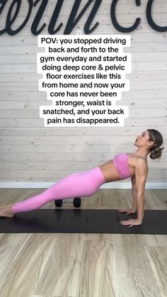 a woman in pink leggings doing a yoga pose on a black mat with the caption above her