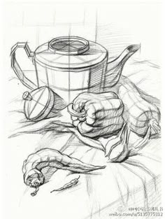 a drawing of a teapot and other items