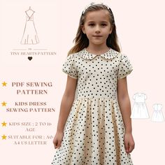 Kids Dress Sewing Pattern,Above Knee Dress,PDF Kids Dress Pattern,Kids Summer Dress Pattern,Girls Dress Sewing Pattern A0 A4 US Letter-Girl Size 2-16 Age Woven Fabric, High Waist Seam, Above Knee, Gathered Skirt, Short Puff Sleeve, Collar Peter Pan Round Neck, Back Buttoned Seam Full-Length Top Closure, Back Round Neck.This product has no lining and interlining. Kids Dress Sewing Pattern, available as an instant download (pdf) sewing pattern bundle with a range of size options, including plus si Toddler Dress Pattern Free Sewing, Sewing Patterns Kids Dress, Kids Dress Pattern, Pdf Sewing Patterns Kids, Kids Sewing Patterns, Girls Dress Pattern Free, Summer Dress Pattern, Toddler Dress Patterns, Kids Summer Dresses