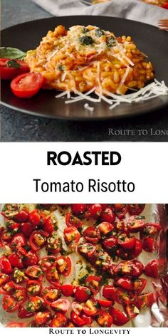 roasted tomato risotto on a black plate with text overlay that reads roasted tomato risotto