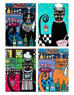 four paintings of cats in different colors and designs, each with a chef's hat on