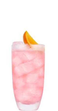 a pink drink with an orange slice in it