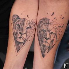 two lions and a lion face tattoo on both legs, with triangles in the background