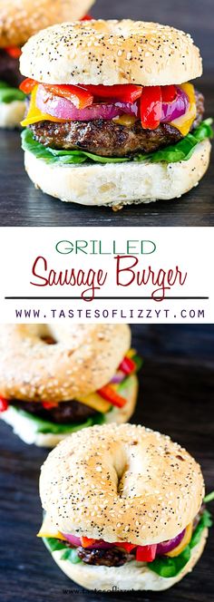 grilled sausage burgers with tomatoes, onions and lettuce