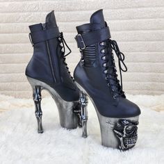 8" (200mm) Finger Bone Heel, 4" (100mm) Skull Sculpted Platform Lace-Up Front Ankle Boots Featuring Usb Chargeable Red Led Lights W/ Multiple Static/ Changing Patterns In The Eyes Of The Skull & Back Of Heel, Outside Zip Closure Pocket And Mini Skull Charms, Inner Side Zip Closure New In Box Authentic Pleaser/Demonia Brands High Heel Platform Ankle Boots, Skull Heels, Skull Boots, Goth Shoes, Fashion Design Template, Demonia Shoes, Gothic Shoes, Skull Bones, Cute Shoes Heels