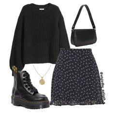 floral black skirt/ black boots/ black hoodie/ black bag / golden necklace Mode Hippie, A Skirt, Edgy Outfits, Mode Vintage, Mode Inspiration, الرسومات اللطيفة