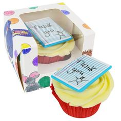 a cupcake in a box with thank you notes on it's side and a note attached to the top