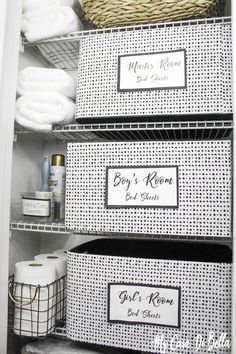 the shelves are organized with baskets and labels for personal care items, such as toiletries