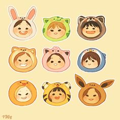 various stickers with different faces and animals on them, including children's heads