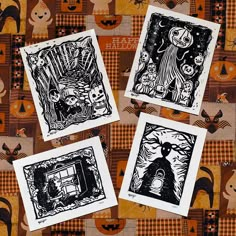 four black and white halloween cards with pumpkins, cats, and ghostes on them