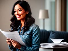 a woman sitting on a couch holding a piece of paper and smiling at the camera