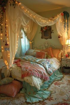 a bed with white curtains and lights on the headboard