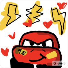 an angry red car with hearts and lightning