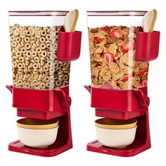 two red cereal dispensers with oatmeal and cereal in them