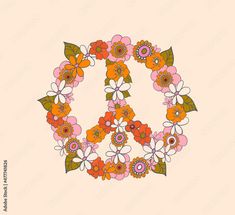 a peace sign made out of flowers on a pink background with the word peace written in it