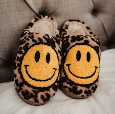 Leopard Smiley Face Slippers Happy Face Slippers, Smiley Face Slippers, Trendy Slippers, Leopard Slippers, Cute Smiley Face, Comfy Slippers, Cute Slippers, Fuzzy Slippers, Brown Leopard