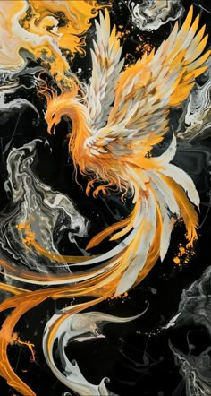 an abstract painting with yellow and white feathers on black background, featuring swirling swirls