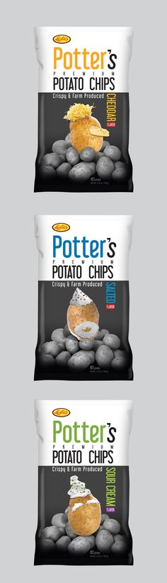 three packages of potato chips on top of each other with the words potter's potato chips