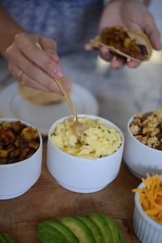 three bowls filled with different types of food