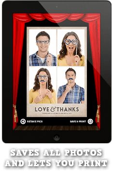 an ipad with the words love & thanks on it and three pictures of people in front of a red curtain