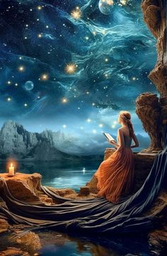 a woman sitting on top of a rock next to a lake under a sky filled with stars