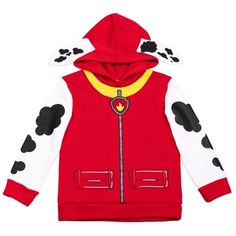 a child's red and white hoodie with a toy story character on it