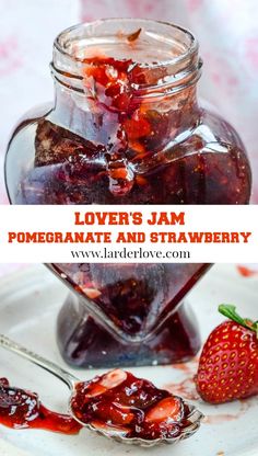 strawberry jam in a glass jar with spoons and strawberries on the plate next to it