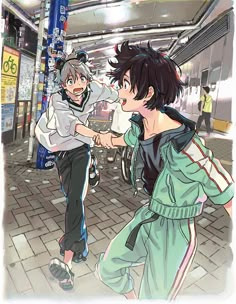 two anime characters are shaking hands in the middle of a subway station platform, with people walking by