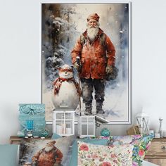 a painting of santa claus and his snowman