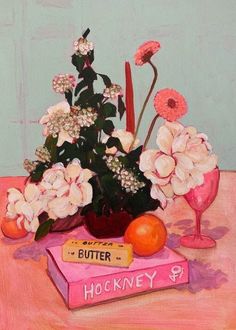 a painting of flowers and books on a table