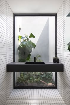 a bathroom with tiled walls and flooring has plants on the counter, as well as a sink