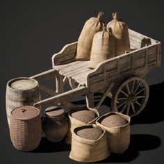 an old wooden cart filled with bags and sand next to other items on a black background