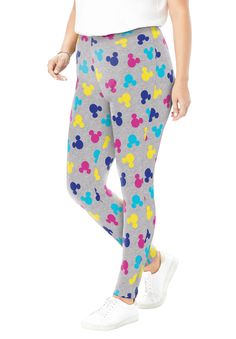 Stretch leggings with Disney character graphics or prints are a comfortable must-have for the Disney fan. Upgrade your basic black pair with these printed styles - they're soft and stretchy and feature an elastic waistband that sits slightly above the waist for comfort and a perfect fit. Solids: Cotton/spandex; Heathers: Cotton/polyester/spandex28" inseamMachine washable, imported  | Plus Size Women's Disney Women's Heather Gray Leggings Multicolor Mickey Mouse Ears All Over Print by Disney in H Disney Prices, Gray Leggings, Baddie Tips, Mickey Head, Mickey Mouse Ears, Disney Character, Disney Fan, Swimsuits For All, Stretch Leggings