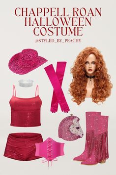 an advertisement for a halloween costume featuring red hair and pink clothes with accessories on display