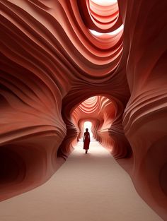 a woman is walking through a tunnel made of red and white paper, with the light at the end