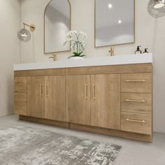 a large bathroom with two mirrors above the sink and a rug on the floor in front of it