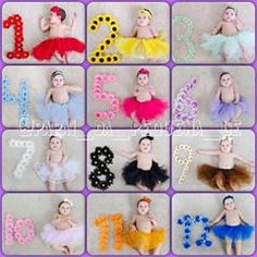 many different pictures of babies in tutus and dresses with numbers for them to decorate