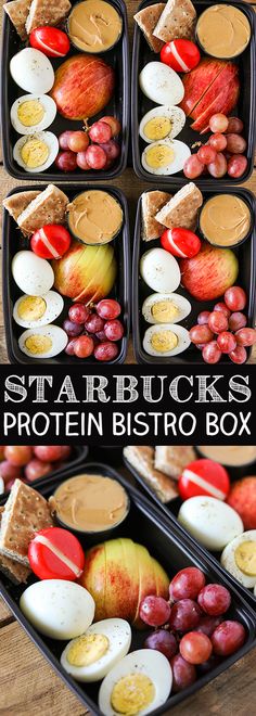 four pictures show different types of food in trays with the words starbuck's protein bistro box