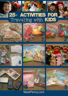 the collage shows different activities for traveling with kids, including toys and other items