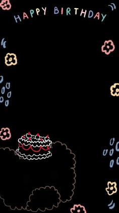 a drawing of a birthday cake on a black background with clouds and stars around it