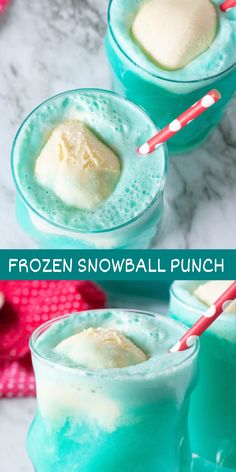 two frozen snowball punch drinks in glasses with straws on the top and bottom