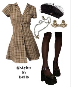 a woman's outfit and accessories are shown in this advertisement for style by bells