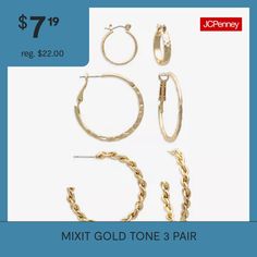 # Pieces In Set: 3 PairIncluded: 3 Pair of EarringsFeatures: In A Gift BoxEarring Back: PostMetal Color: Gold ToneEarring Length: 40mmEarring Width: 40mmCare: Wipe CleanEarrings Type: Post EarringsEarrings Style: Hoop EarringsMetal: IronCountry of Origin: Imported Earring Sets, Earring Set, Gold Tones, Gift Box, The Originals, Yellow, Gold, Gifts, Color