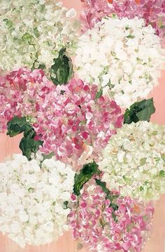 a painting of pink, white and green flowers in a vase on a table top